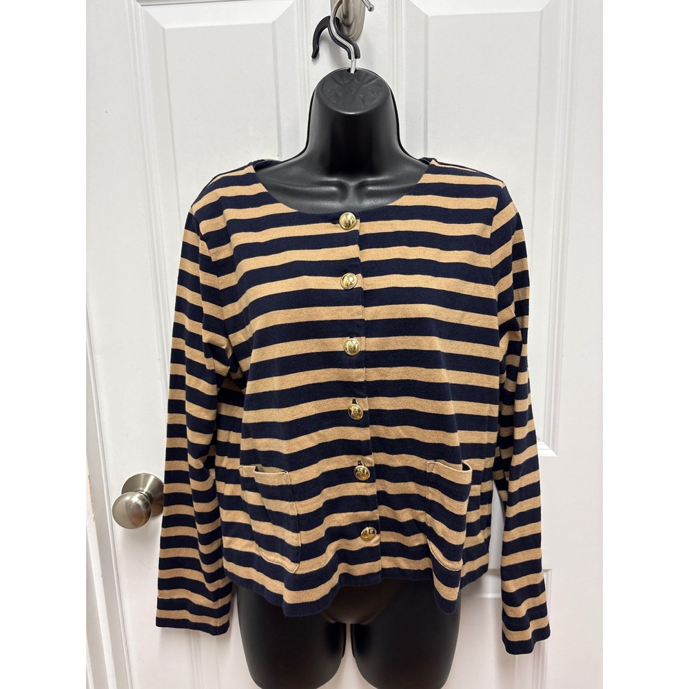 Talbots Navy Blue Tan Striped Cardigan Sweater Gold Crest Buttons Size M